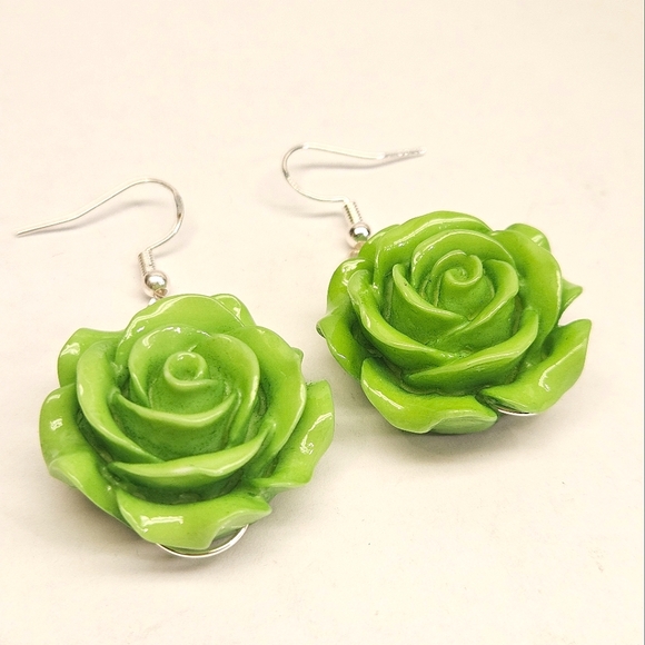 Lime Green Ploymer Clay Rose Earrings - Picture 3 of 5